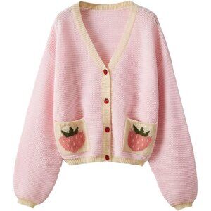 SHENHE Women's Strawberry Sweater Pink Open Front Bishop Sleeve For Women